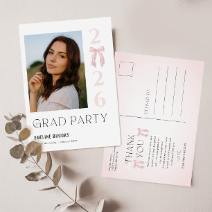 Elegant Grad Photo Pink Bow Graduation Thank You Postcard