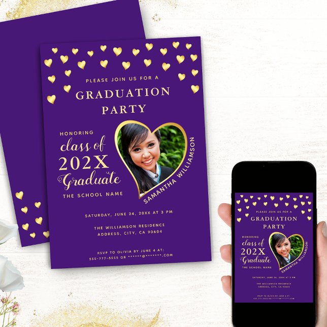Elegant Grad Photo Purple and Gold Graduation Invitation (Choose your format among these options: Printed; Printed + Instant Download; Instant Download)