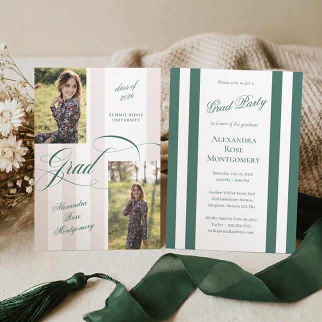 Elegant Grad Script French Stripe Photo Graduation Invitation (Elegant Grad Script French Stripe Photo Graduation Invitation)