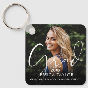 Elegant Grad Script Graduate Photo Key Ring