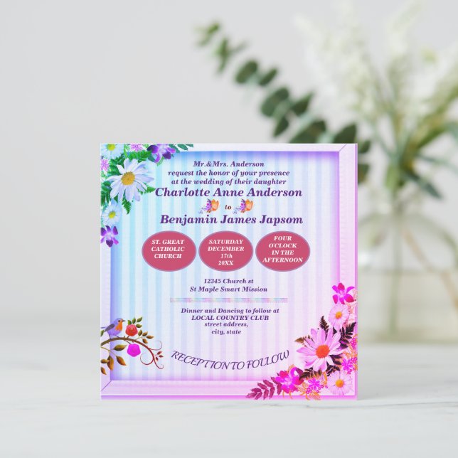 Elegant Gradient Pink & Green Floral  Wedding   Invitation (Standing Front)