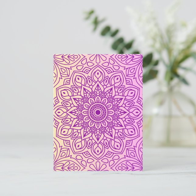 Elegant Gradient Purple Peach Mandala Pattern Postcard (Standing Front)