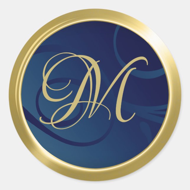 Elegant Gradient Swirls Monogram Navy Blue Gold Classic Round Sticker (Front)
