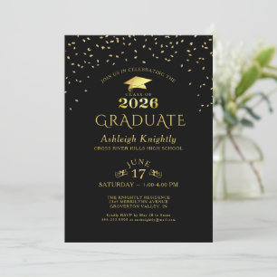 Elegant Graduate 2025 Black Gold Confetti Invitation