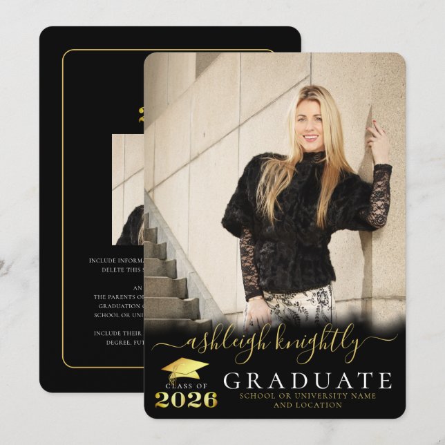Elegant Graduate 2026 Black Gold Script 2 Photos Announcement (Front/Back)