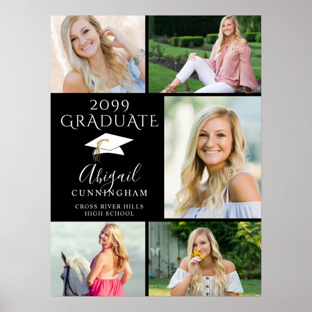 Elegant Graduate 5 Photo Collage Black White Poster (Front)