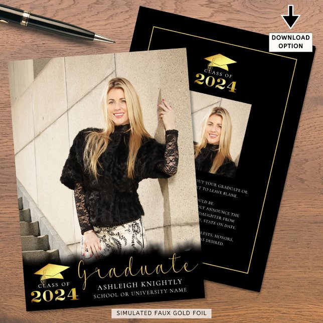 Elegant Graduate Black Faux Gold Metallic 2 Photo Announcement (Creator Uploaded)