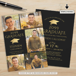 Elegant Graduate Black Gold Cap 5 Photo Collage Invitation