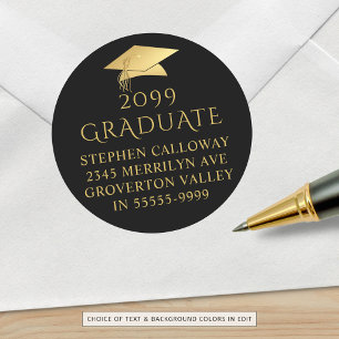 Elegant Graduate Black Gold Cap Return Address Classic Round Sticker