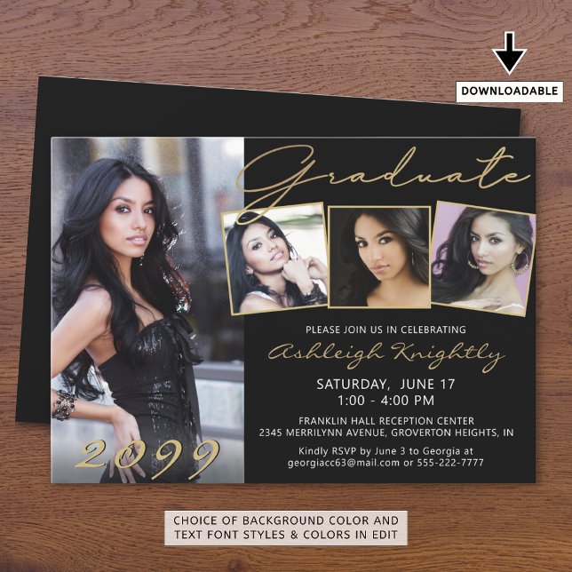 Elegant Graduate Black Gold Script 4 Photo Invitation (Creator Uploaded)
