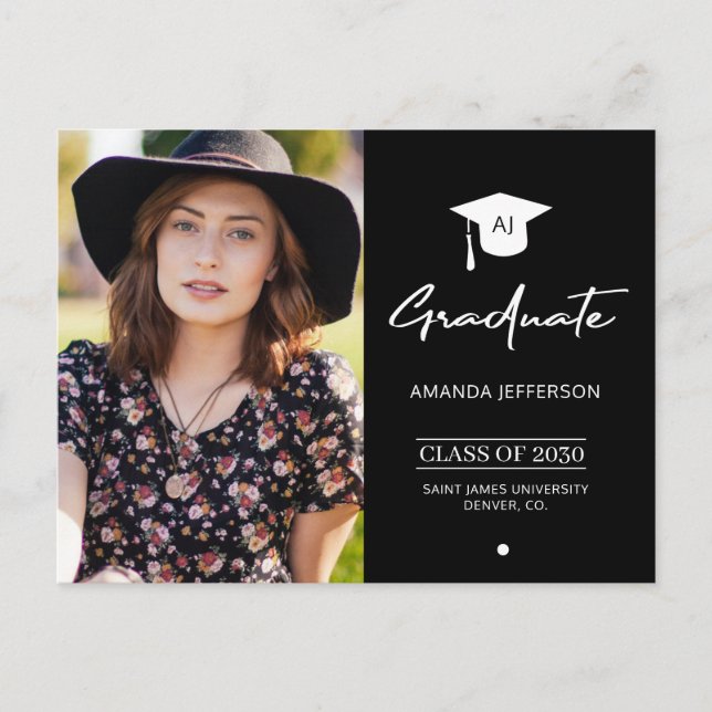 Elegant graduate black photo graduation invitation postcard (Front)
