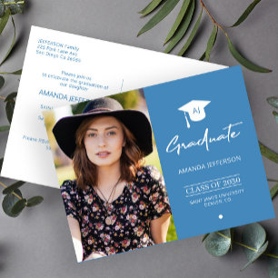 Elegant graduate blue photo graduation invitation postcard