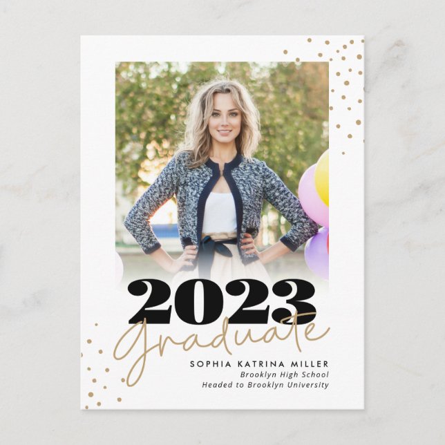 Elegant Graduate Class Gold Dots Photo Graduation Announcement Postcard (Front)