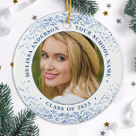 Elegant Graduate Custom 2 Photo Blue Graduation  Ceramic Ornament<br><div class="desc">Introducing our elegant and modern graduation ornament - the perfect way to commemorate your special day! This simple yet stunning keepsake features space for two personalised photos, along with your name and school year for a truly personalised touch. Whether you're celebrating a high school, college, or university graduation, this ornament...</div>