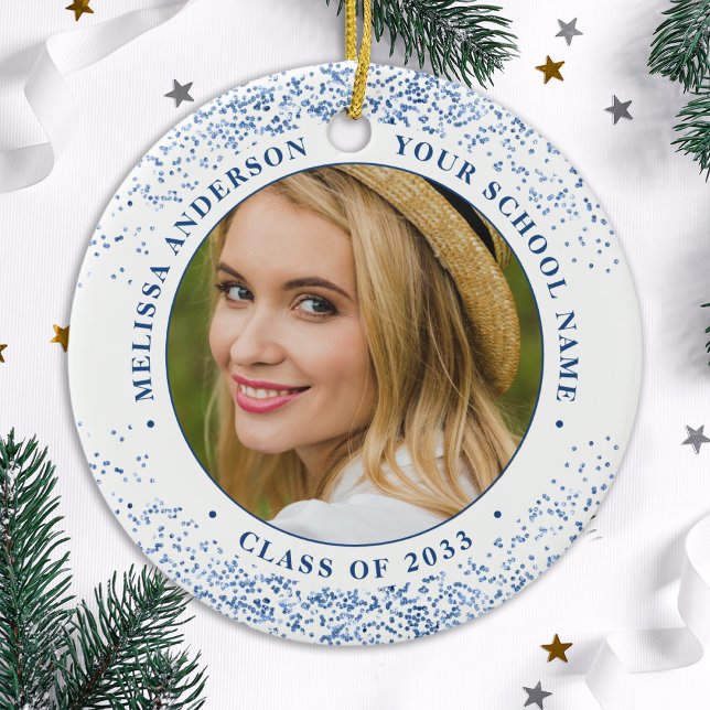 Elegant Graduate Custom 2 Photo Blue Graduation  Ceramic Ornament (Creator Uploaded)