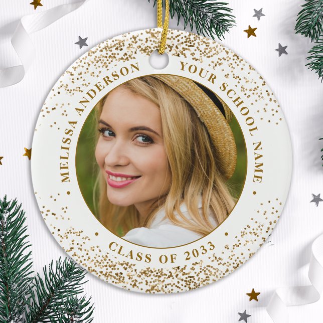 Elegant Graduate Custom 2 Photo Gold Graduation  Ceramic Ornament (Creator Uploaded)