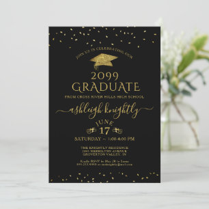 Elegant Graduate Gold Glitter Confetti Cap Black Invitation