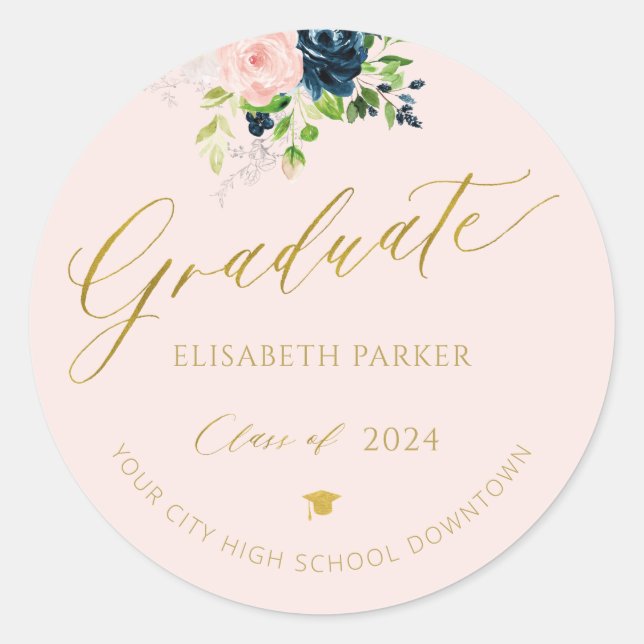 Elegant graduate gold script photo graduation chic classic round sticker (Front)
