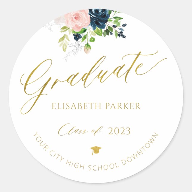Elegant graduate gold script photo graduation chic classic round sticker (Front)