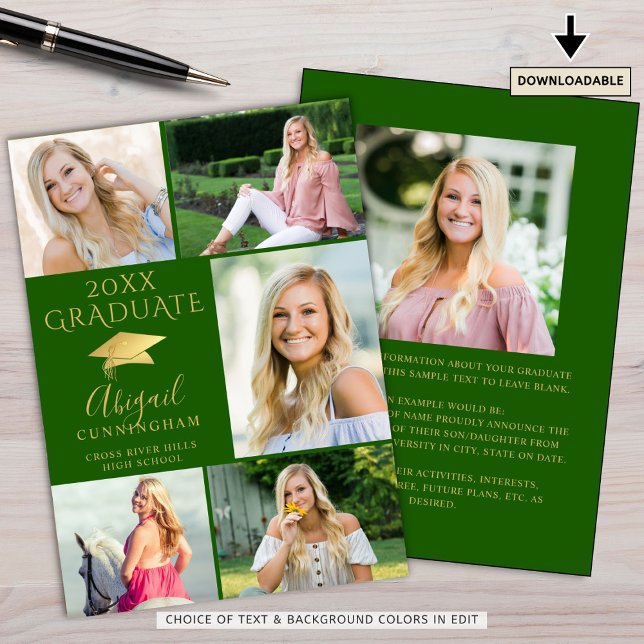 Elegant Graduate Green Gold 6 Photo Collage Announcement (Creator Uploaded)