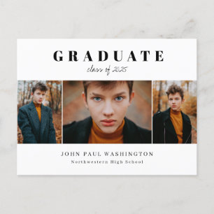 Elegant Graduate Modern Simple 3 Photo Graduation Announcement Postcard