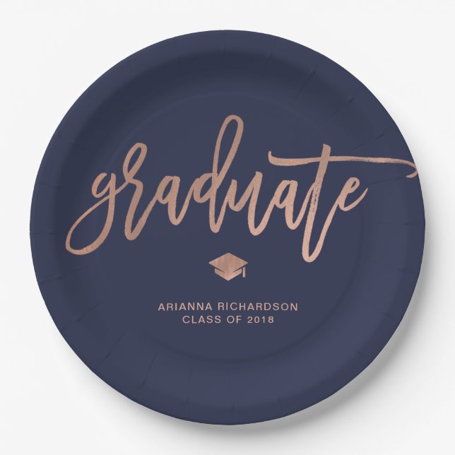 Elegant Graduate | Navy Blue and Faux Rose Gold Paper Plate (Front)