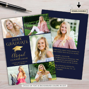 Elegant Graduate Navy Blue Gold 6 Photo Collage Announcement