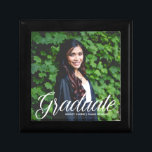 Elegant Graduate Photo 2025 Graduation Party Gift Box<br><div class="desc">This elegant white typography overlay photo graduation gift box features chic white script over your high school or college graduate photograph for the senior class of 2025. Customise with your name and class under the lovely calligraphy for your celebration.</div>