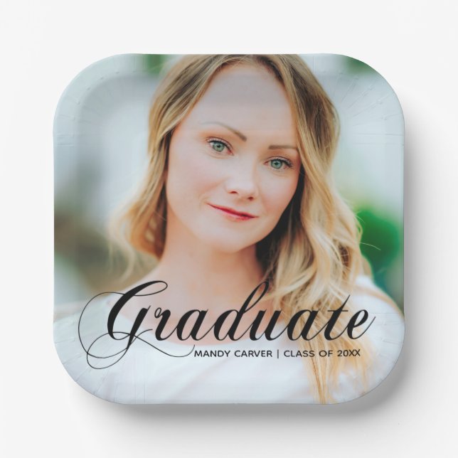 Elegant Graduate Photo Black Script Overlay Party Paper Plate (Front)