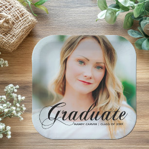Elegant Graduate Photo Black Script Overlay Party Paper Plate