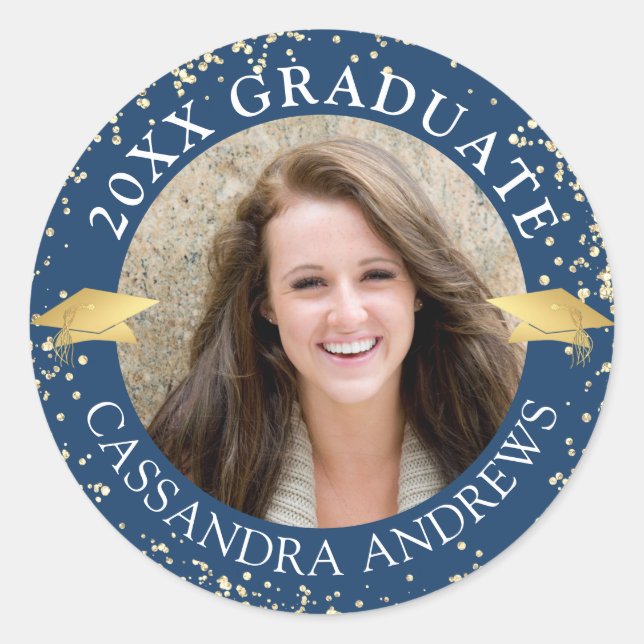 Elegant Graduate Photo Blue Gold Cap Classic Round Sticker (Front)