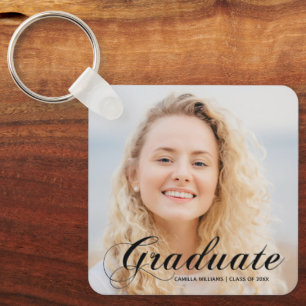 Elegant Graduate Photo Custom Flourish Script Key Ring