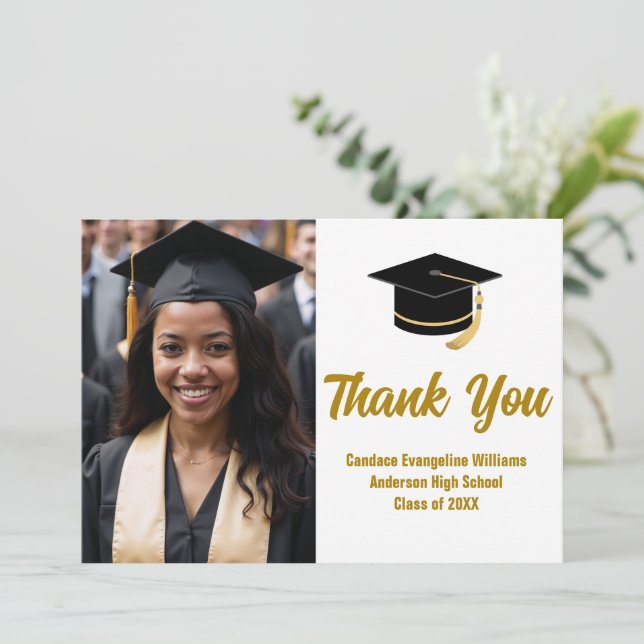 Elegant Graduate Photo Custom Gold Typography Thank You Card (Standing Front)