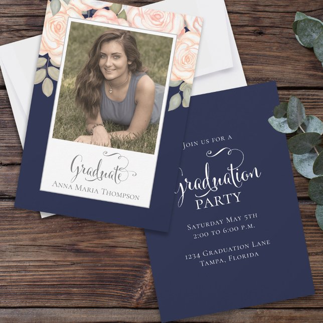 Elegant Graduate Simple Modern Photo Floral Invitation (Creator Uploaded)