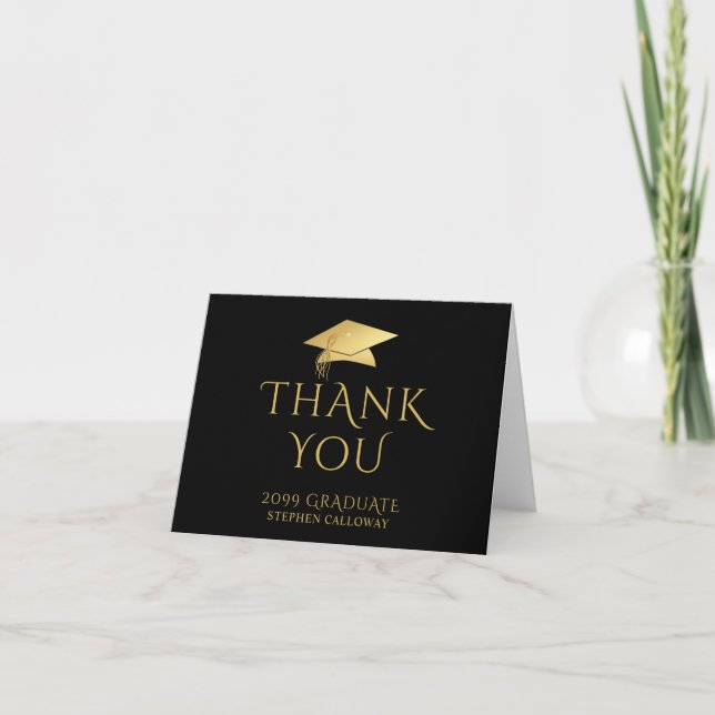 Elegant Graduate Thank You Black Faux Gold Cap Card (Front)