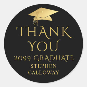 Elegant Graduate Thank You Black Gold Cap Classic Round Sticker