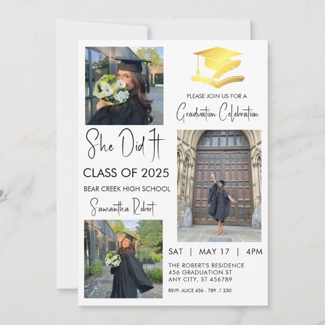 Elegant Graduate three photo modern graduation  Invitation (Front)