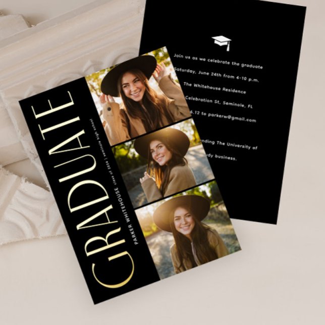 Elegant Graduate Typography 3 Photo Graduation (Elegant Typography 3 Photo Graduation Foil Invitation.)