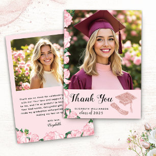 Elegant Graduates Photo Floral Pink Graduation Thank You Card