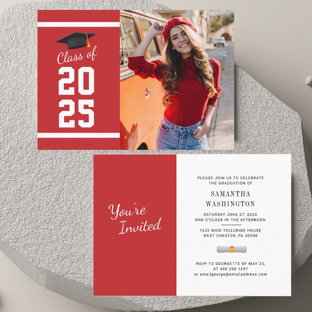 Elegant Graduation 2025 Photo Party Invitation (Graduation 2025 Red White Mini Photo Party Invitation)