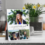 Elegant graduation 3 photo collage graduate plaque<br><div class="desc">Modern elegant simple black and white trendy handwriting calligraphy script congrats to the grad photo grid collage graduation congratulations chic keepsake plaque with three custom photos and your text.                  Personalise it with your pictures and text!</div>