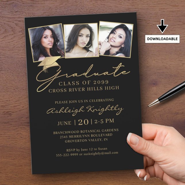 Elegant Graduation 3 Photos Script Cap Black Gold Invitation (Creator Uploaded)