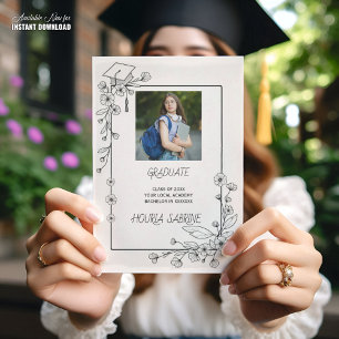 Elegant Graduation Black and white Floral Border Announcement