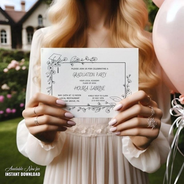 Elegant Graduation Black and white Floral Border Invitation (Creator Uploaded)