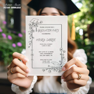 Elegant Graduation Black and white Floral Border Invitation