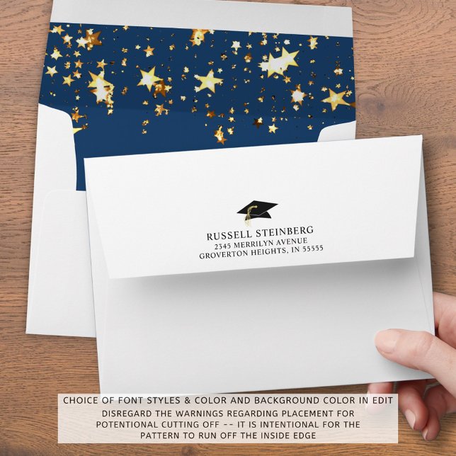 Elegant Graduation Blue Gold Stars Return Address Envelope (Creator Uploaded)