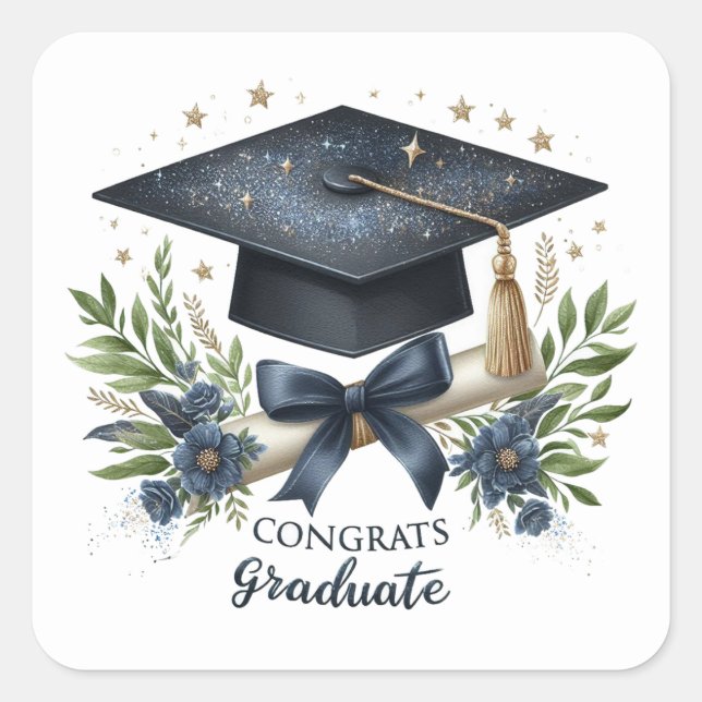 Elegant Graduation Cap and Diploma Square Sticker (Front)