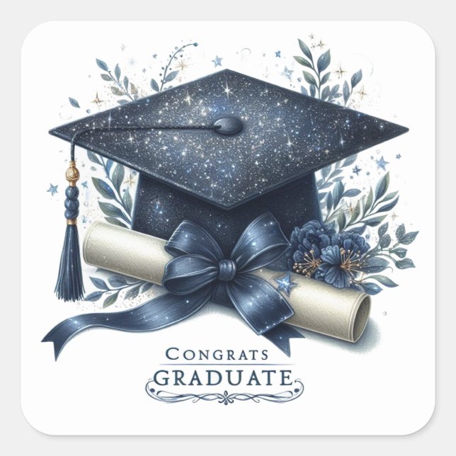 Elegant Graduation Cap and Diploma Square Sticker (Front)