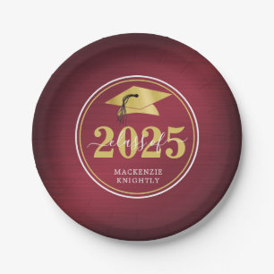 Elegant Graduation Cap Class Year Name Maroon Gold Paper Plate