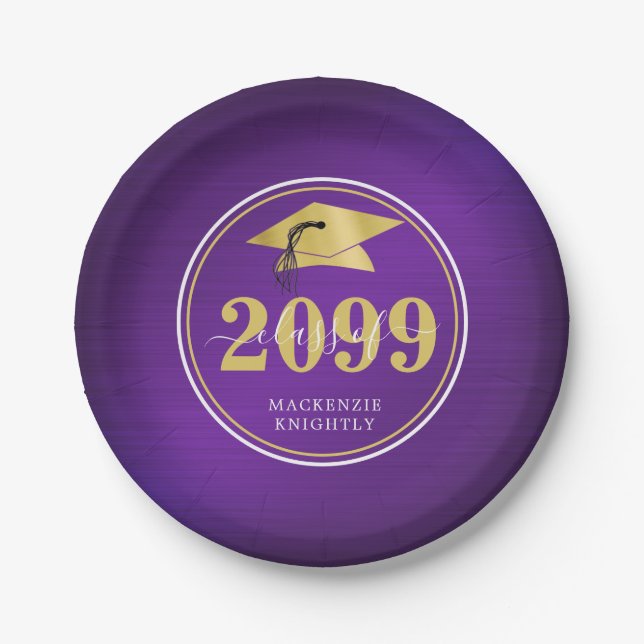 Elegant Graduation Cap Class Year Name Purple Gold Paper Plate (Front)
